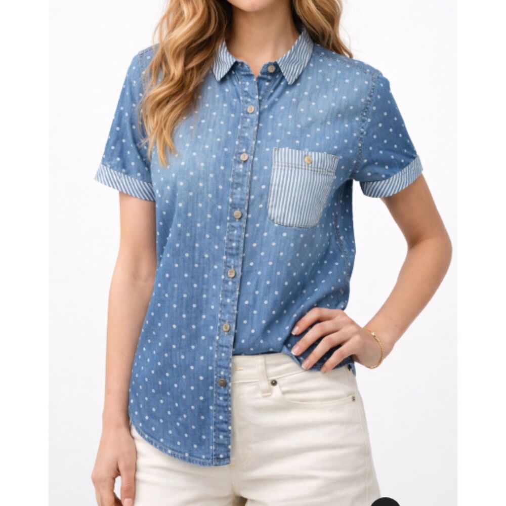 BDG Womens Small Chambray Polka Dot Button Down Shirt Blue Short Sleeve Casual